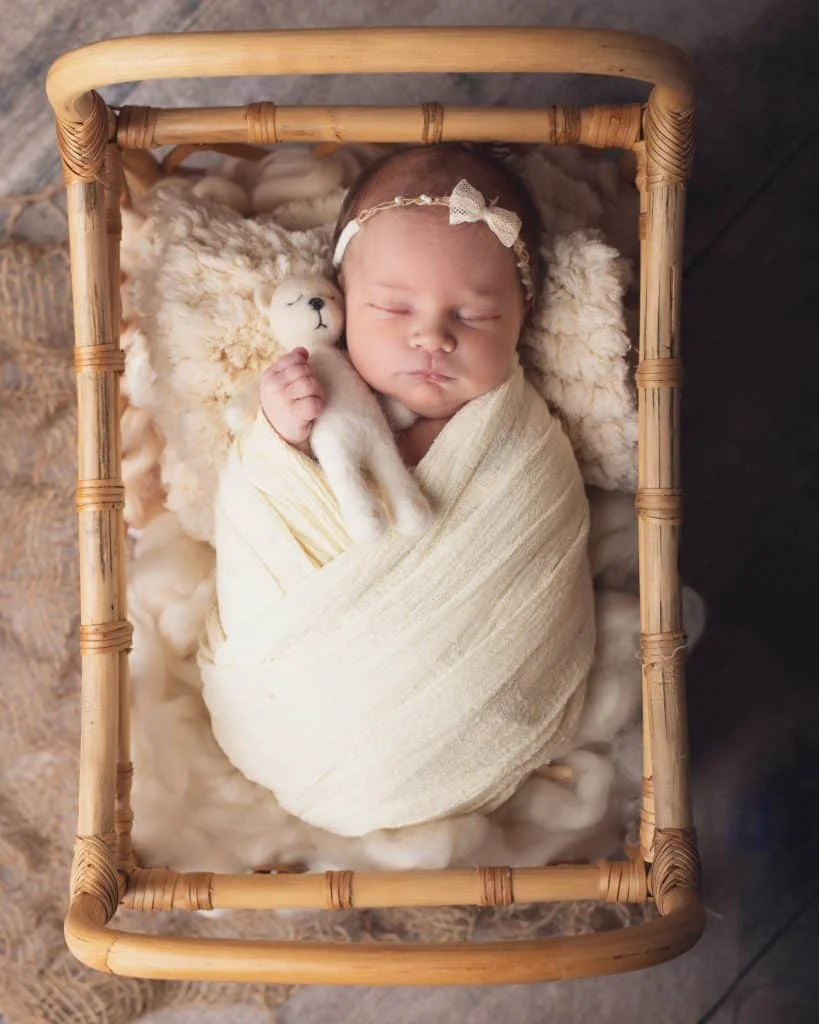 Nyfødt baby sover svøpt i kremhvitt stoff i en kurvseng med en liten kosebamse under profesjonell nyfødtfotografering.